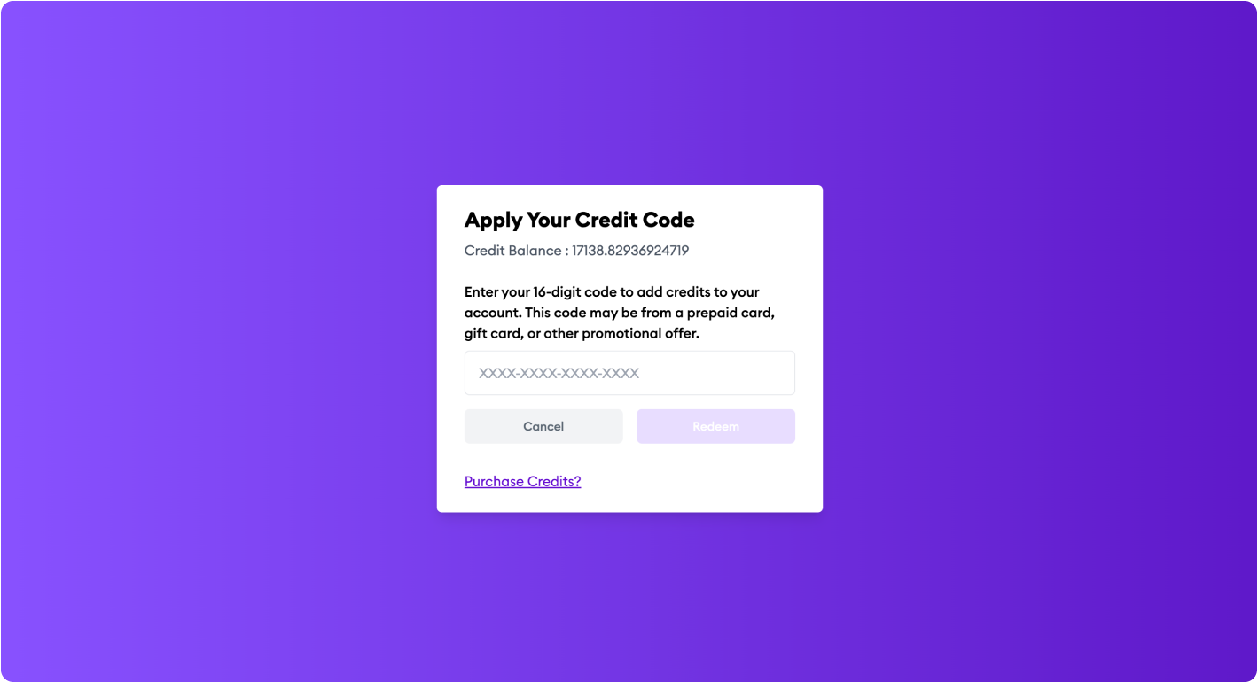 Apply Credit Code Screen