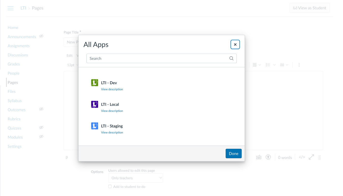 Canvas editor showing Tools &gt; Apps &gt; LTI - Staging