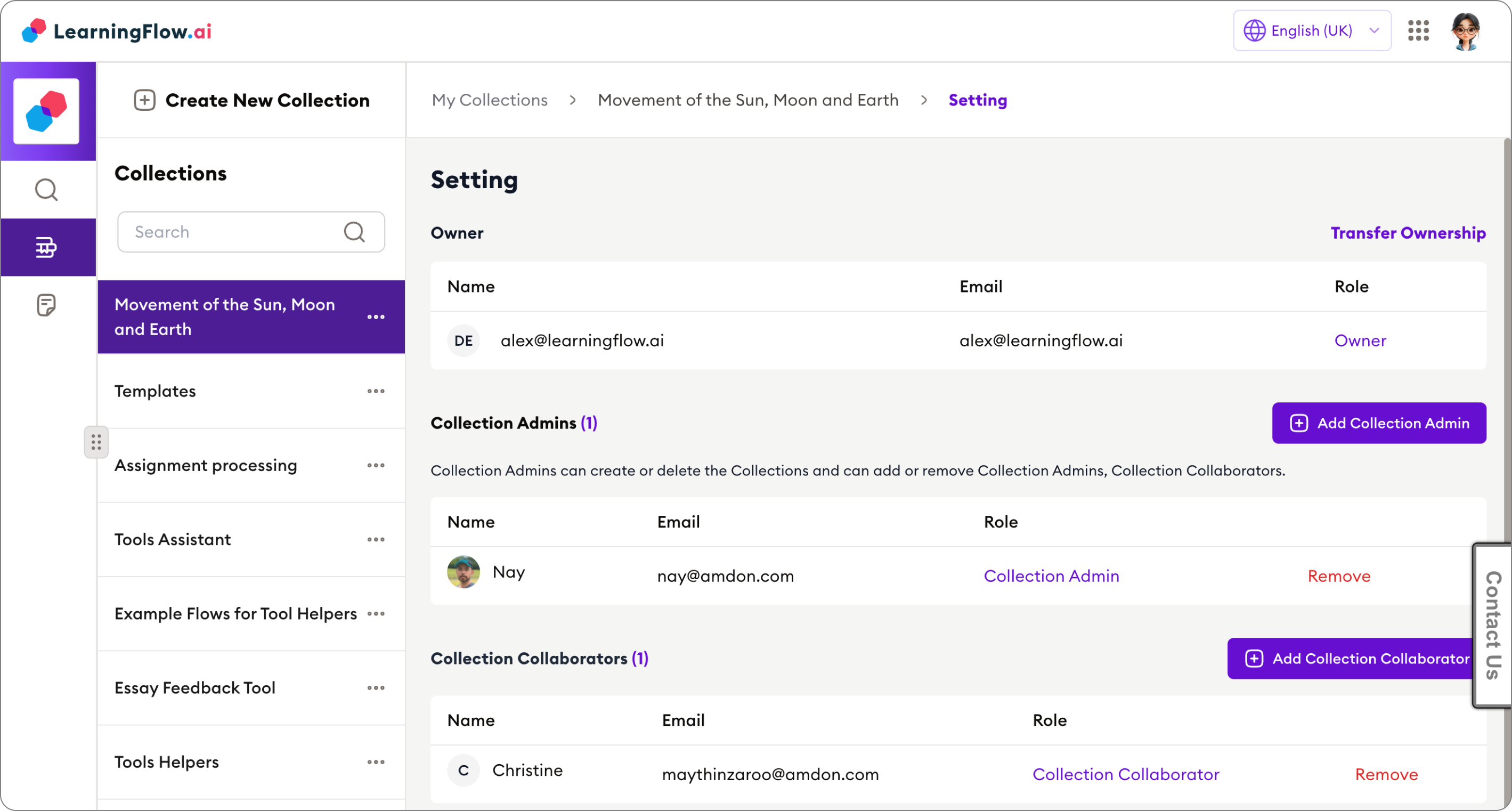 Collection settings showing owners, admins, and collaborators