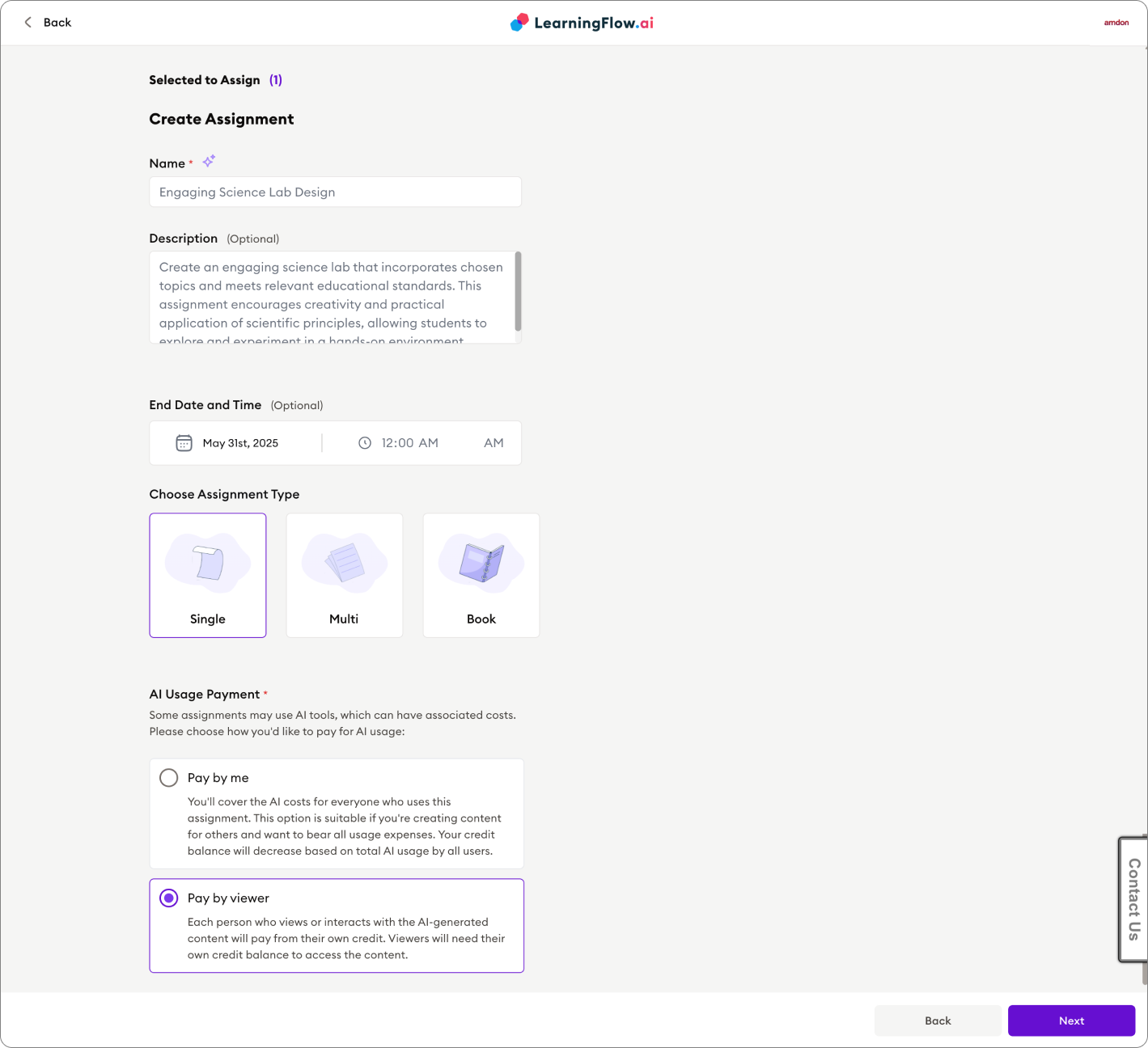 Create assignment screen