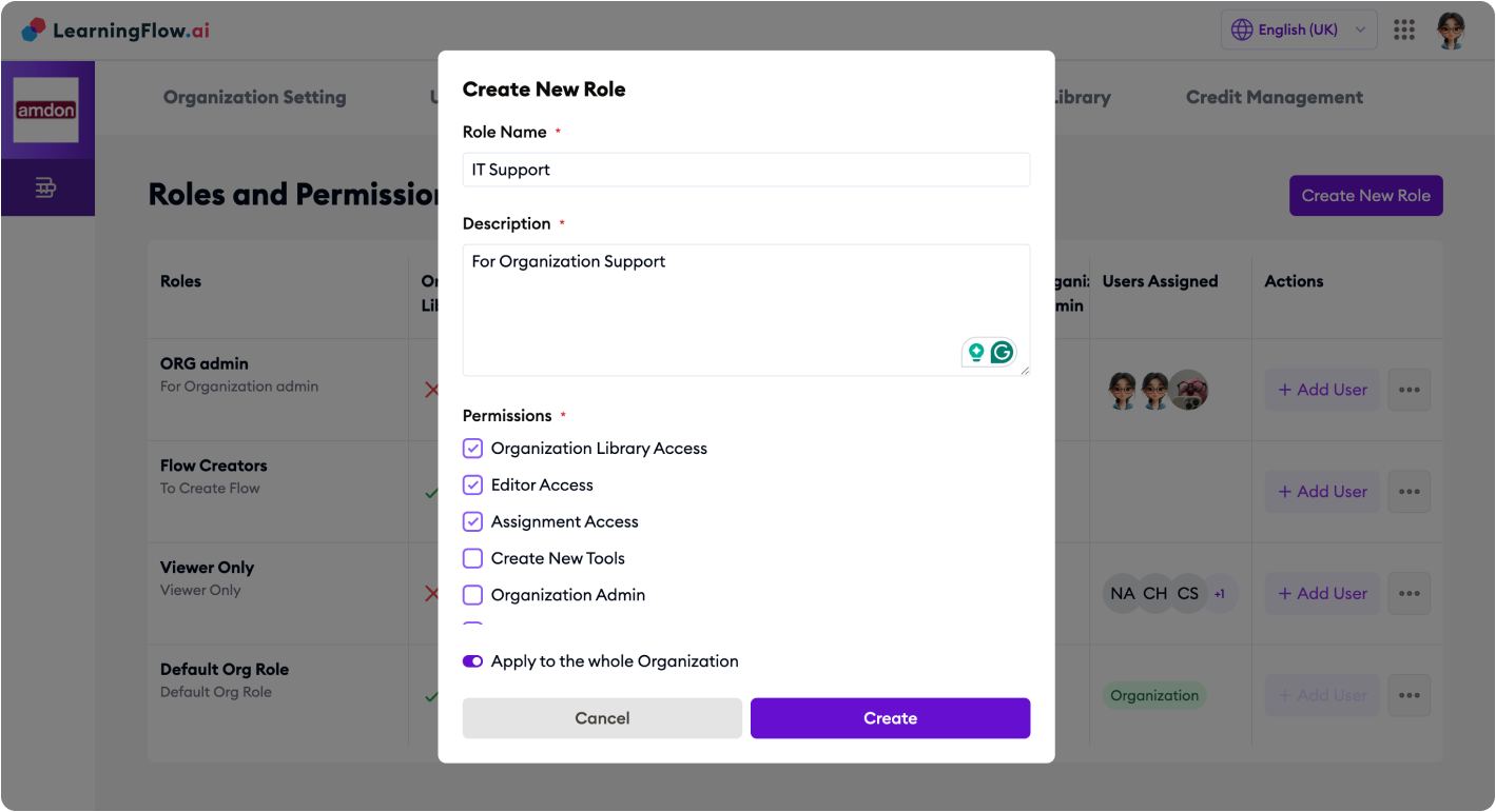 Create New Role dialog and User Assignment