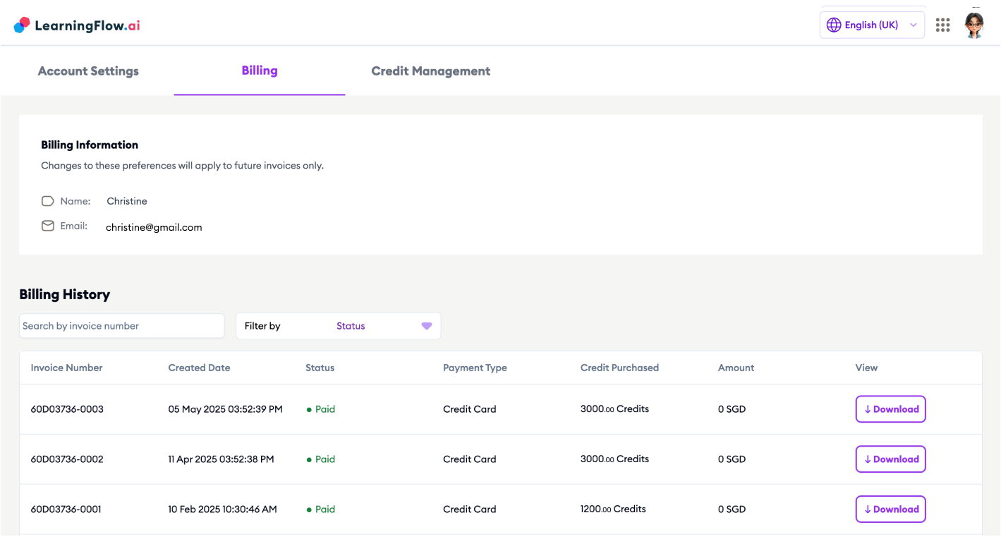 Credit Balance and Transaction Details