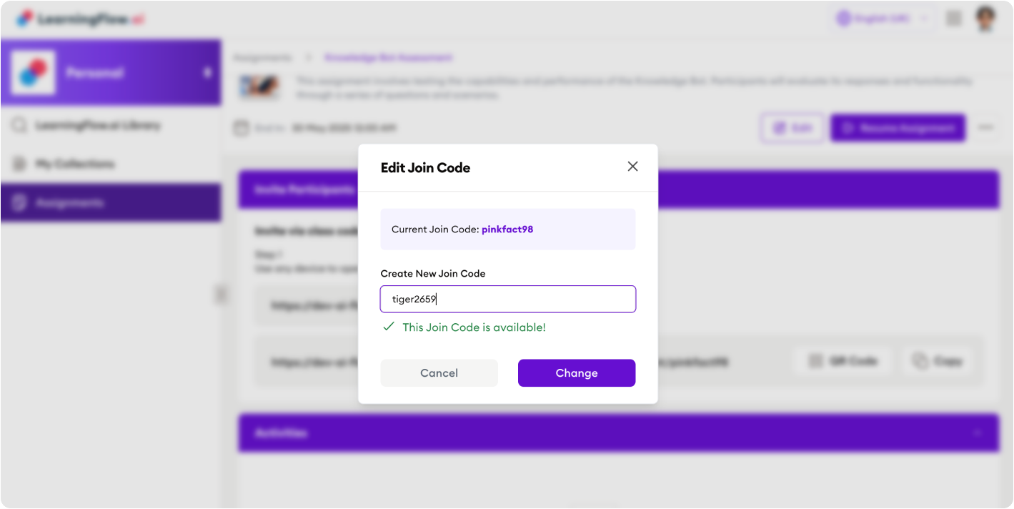 Edit Join Code dialog