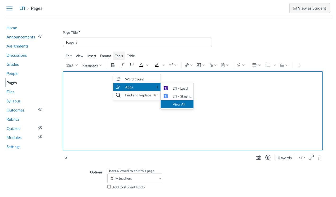 Canvas editor showing Tools &gt; Apps &gt; LTI - Staging