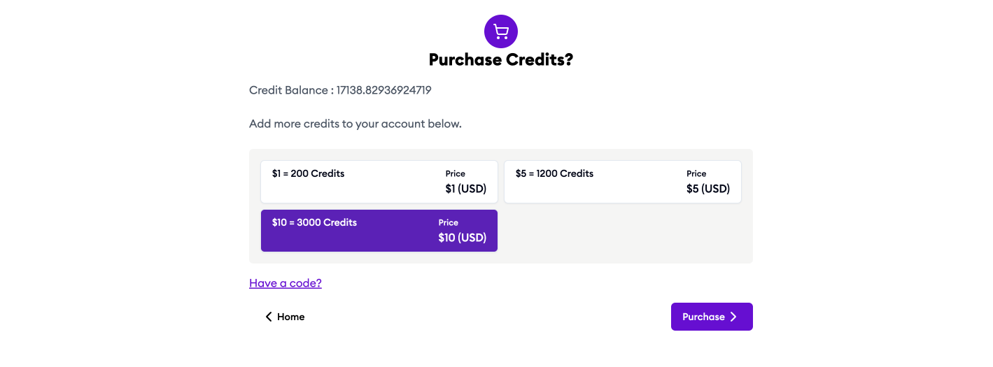 Purchase Credits Screen