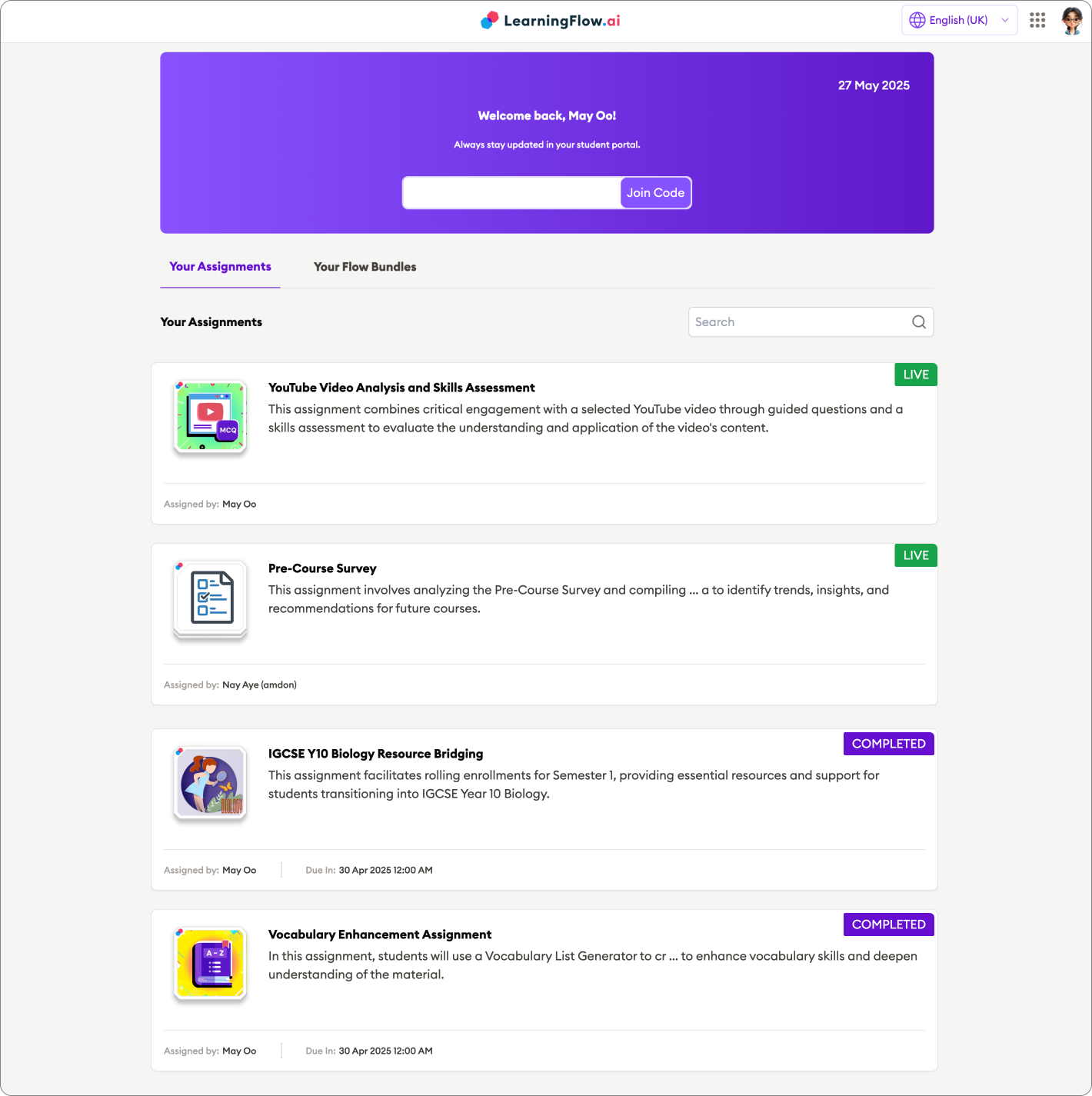 Viewer home page with join code entry and assignment list