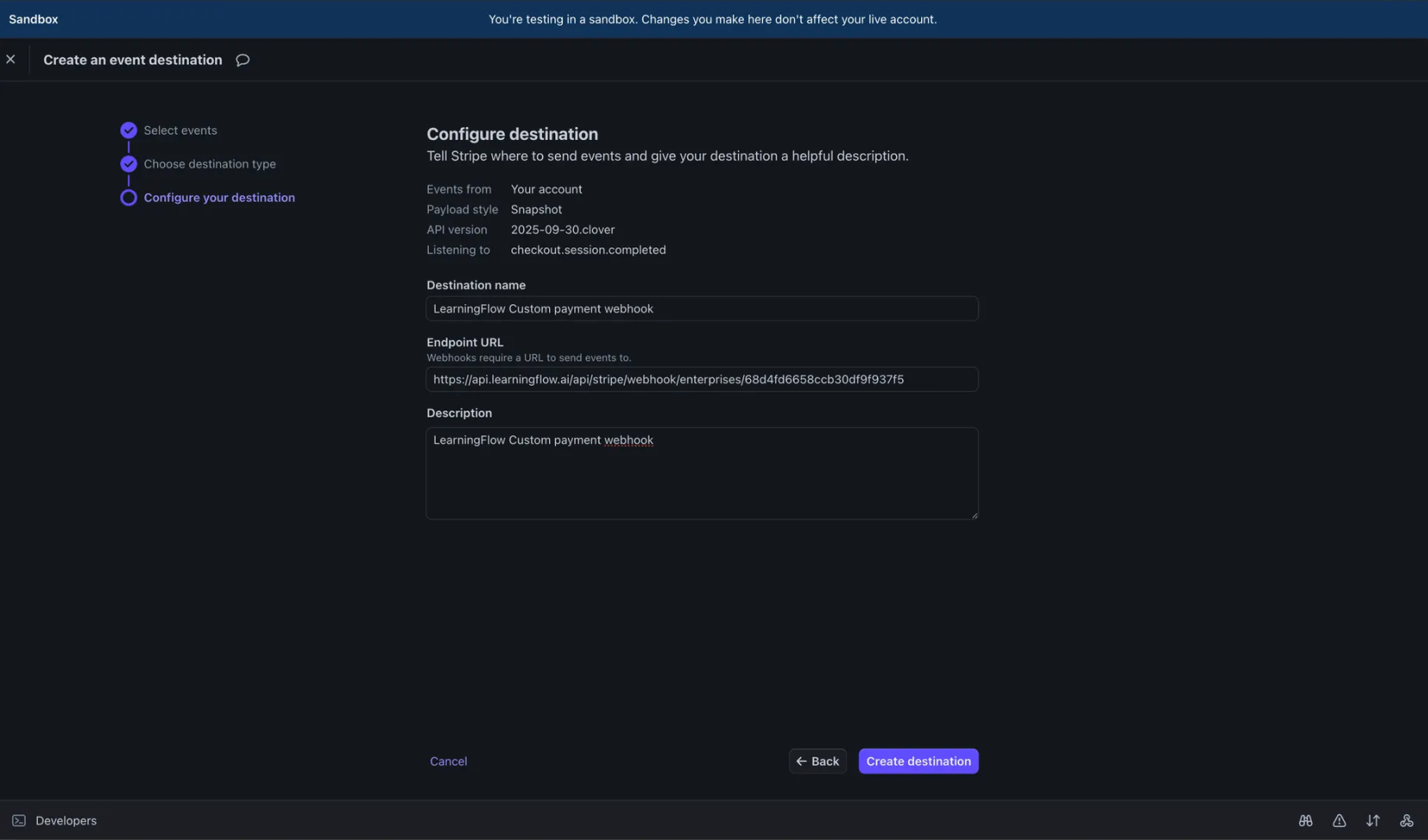 Configure Webhook Destination